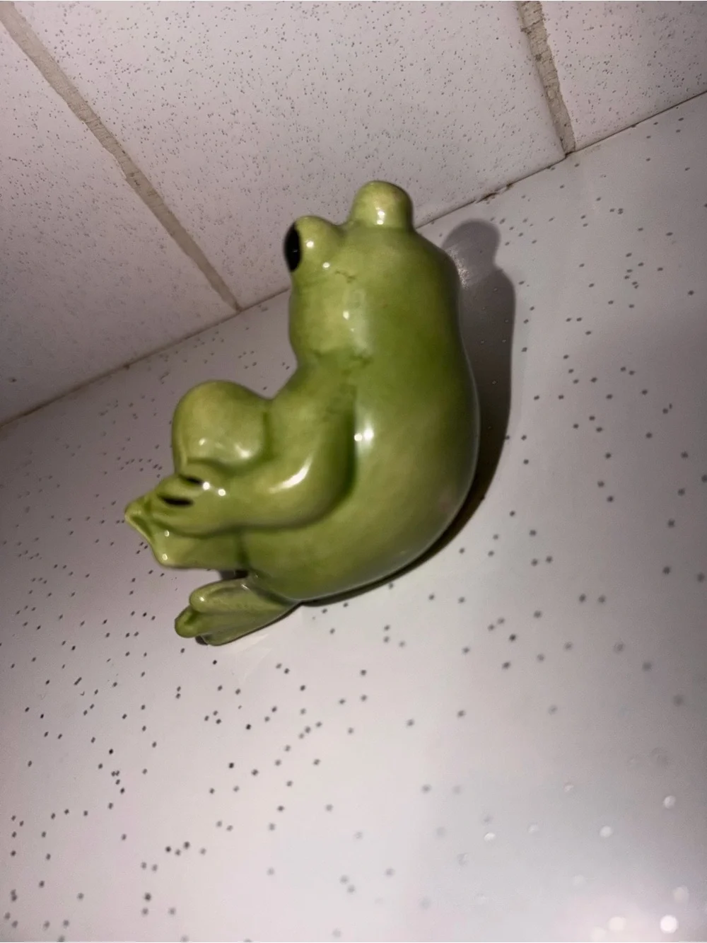 Glazed Green Ceramic Frog Figurine - Vintage Cottagecore Trinket
